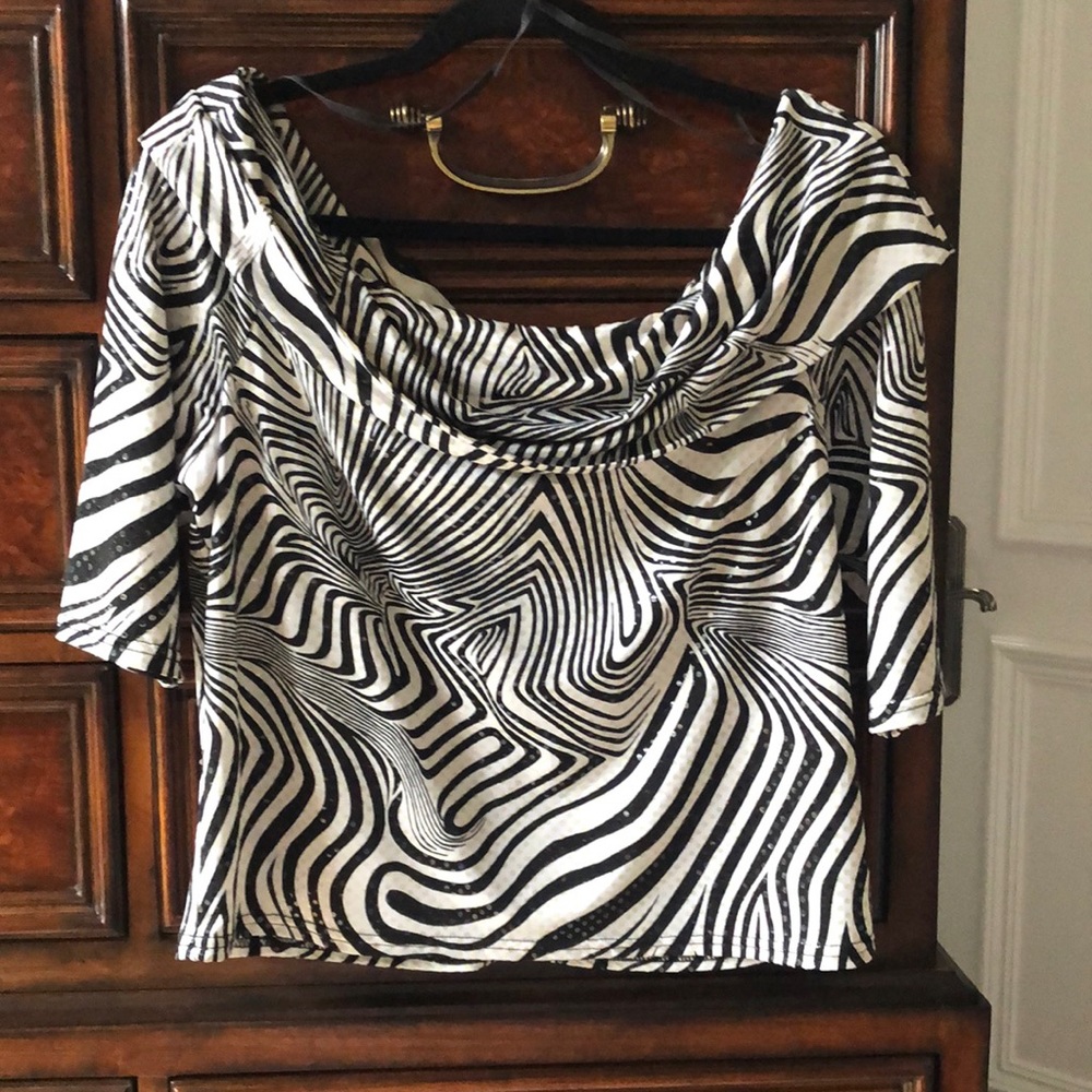 Sparkly black and white top for evening.  Scoop collar or off the shoulder.